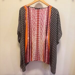 ZOZO‎ Womens Large Mixed Print Dolman Sleeve Blouse Red Black Geometric Top